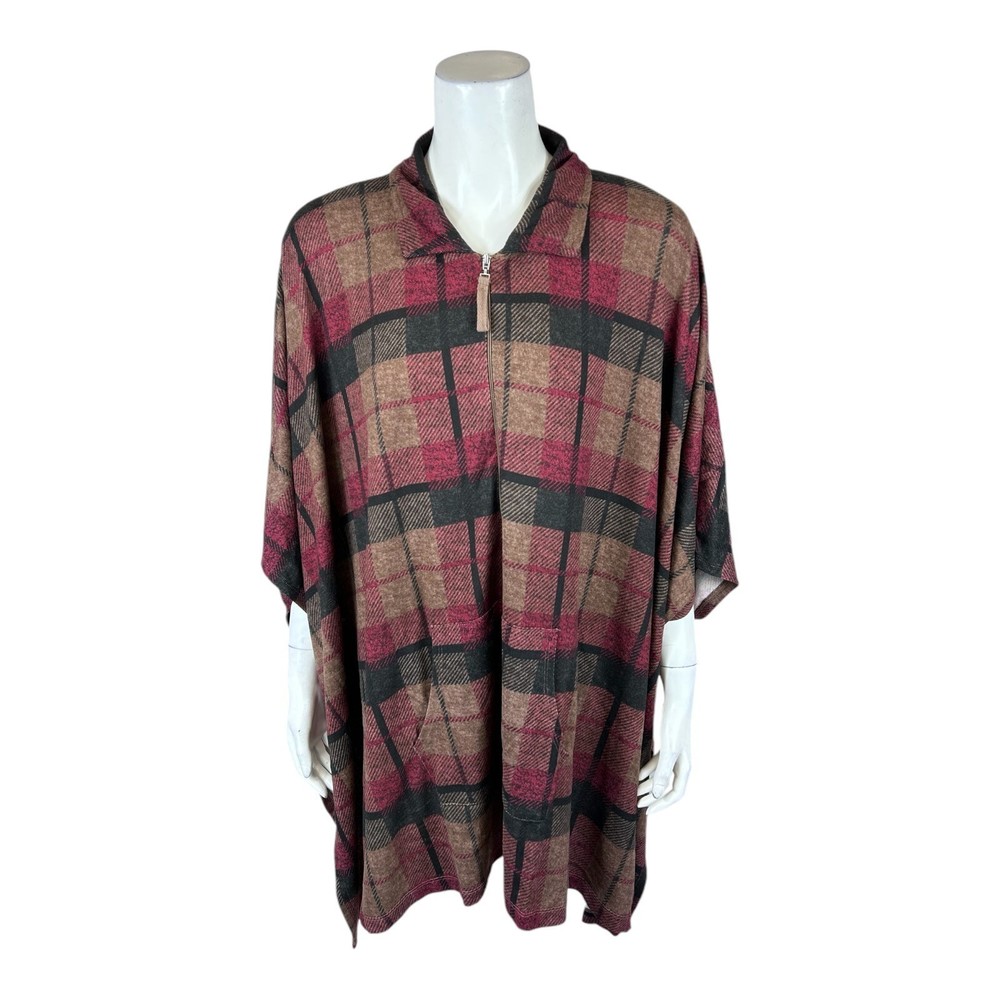 Stan Herman Luxe Sweater Knit Half-Zip Plaid Pop-Over Top Natural Large Size